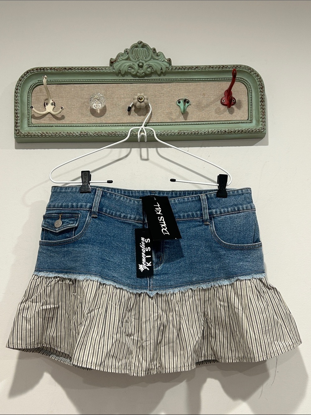 Dolls Kill Blue Denim Mini Skirt with Striped Ruffle Hem